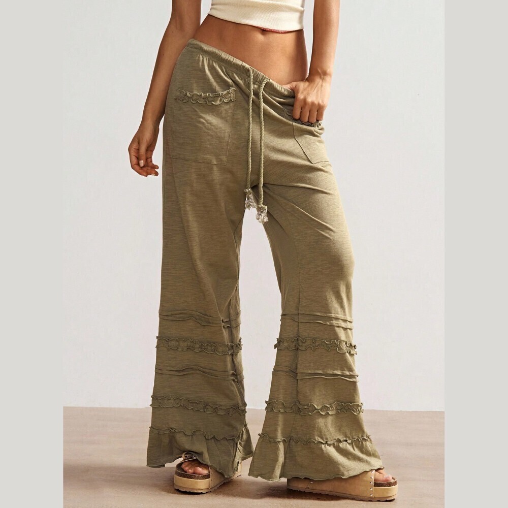 Olive Green Ruffle Tiered Wide Leg Pants with Drawstring